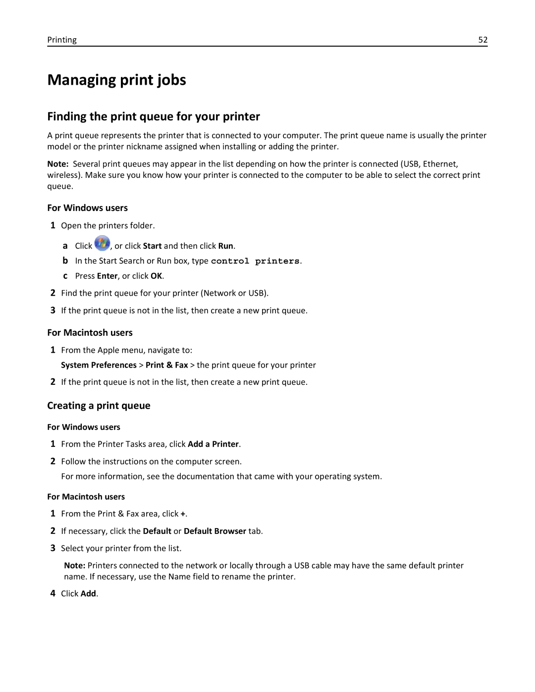 Lexmark 701, 70E Managing print jobs, Finding the print queue for your printer, Creating a print queue, For Windows users 