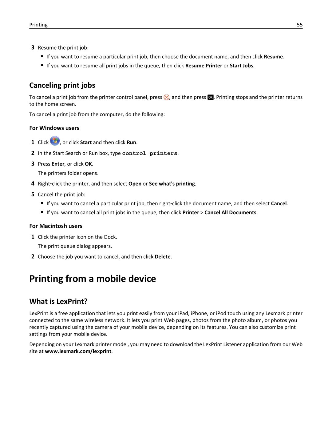 Lexmark 70E, 701 manual Printing from a mobile device, Canceling print jobs, What is LexPrint? 