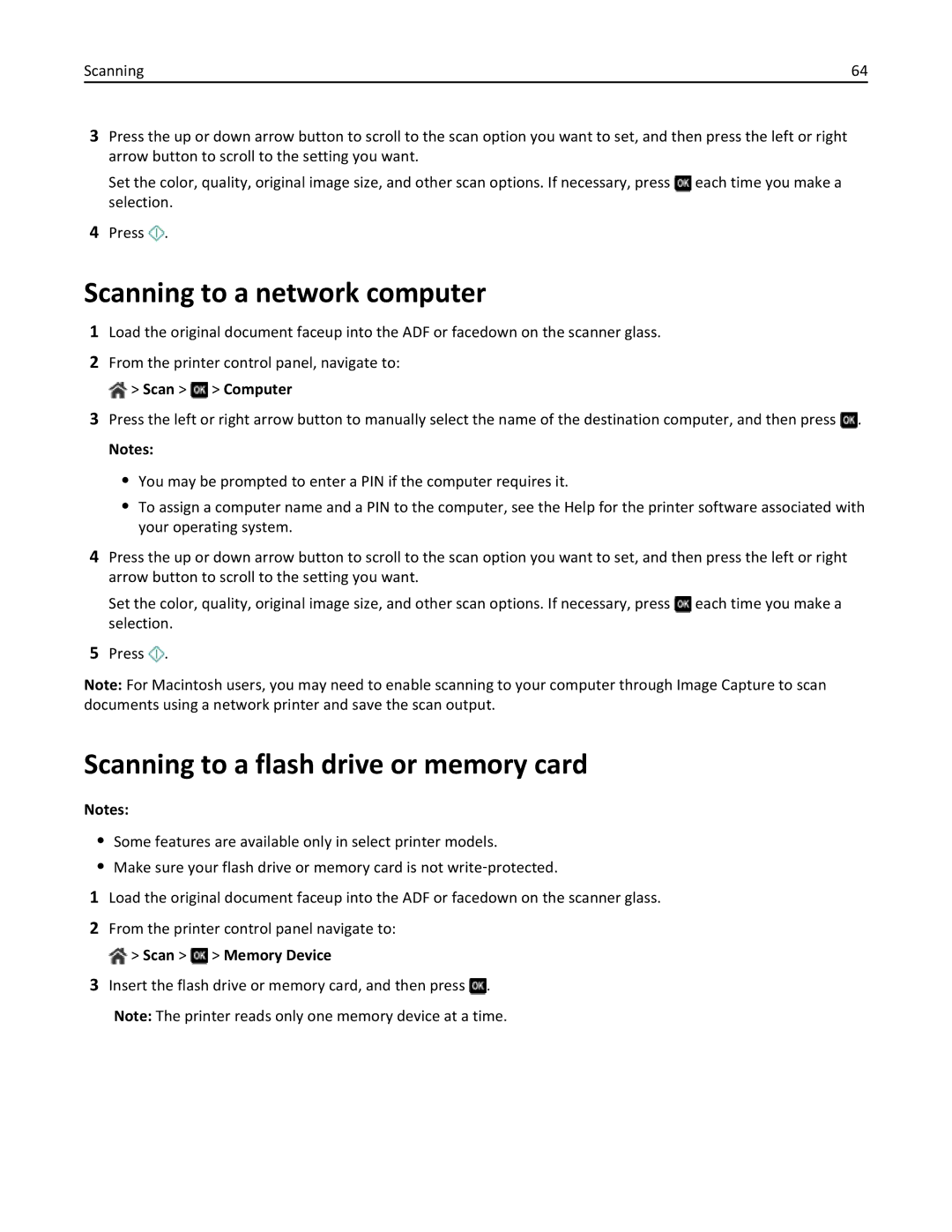 Lexmark 701, 70E manual Scanning to a network computer, Scanning to a flash drive or memory card 