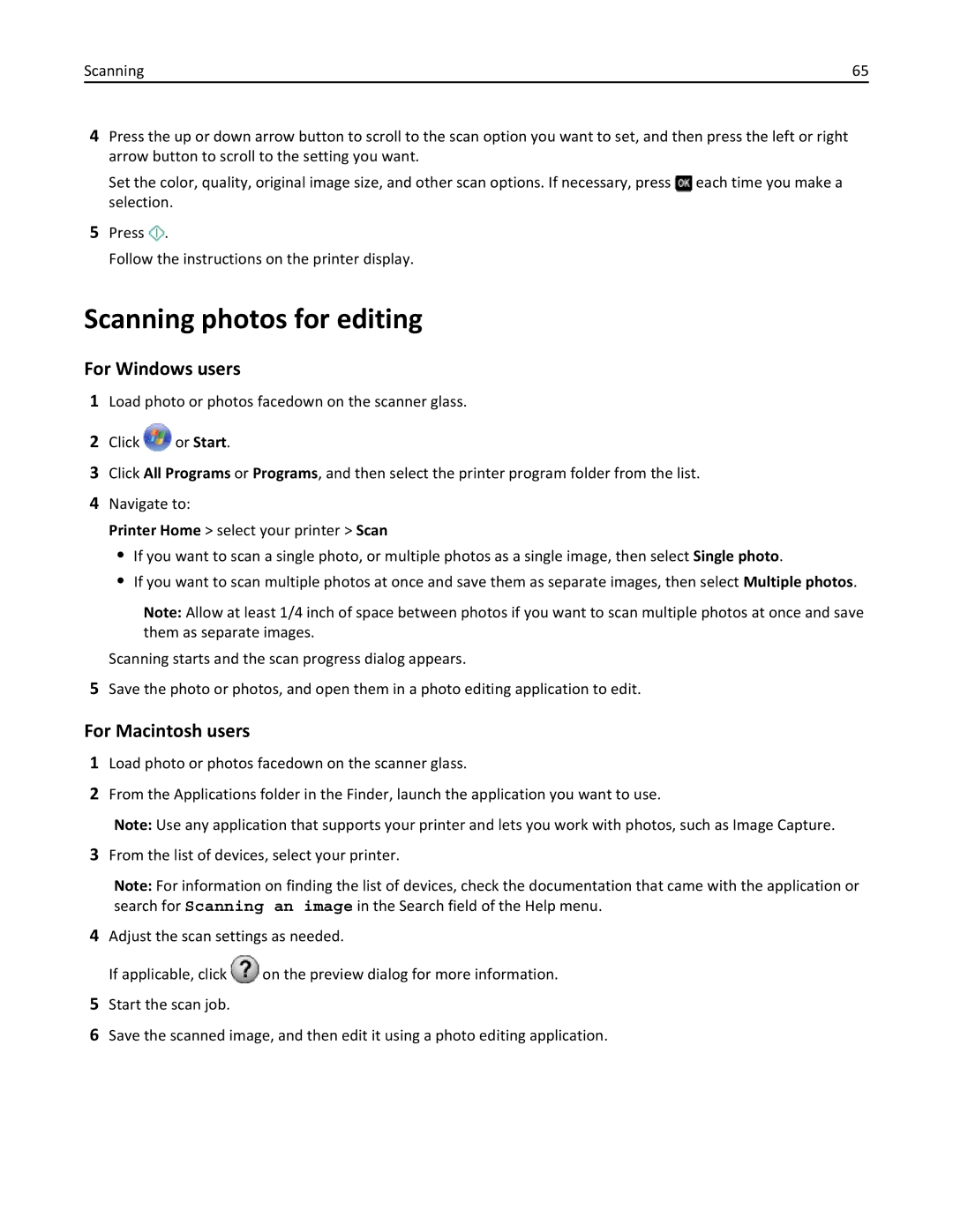 Lexmark 70E, 701 manual Scanning photos for editing, For Windows users 