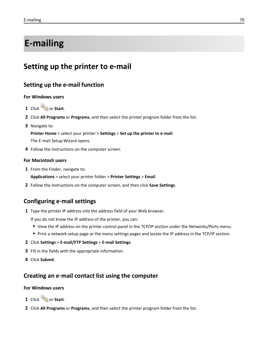 Lexmark 701, 70E manual Mailing, Setting up the printer to e-mail, Setting up the e-mail function 