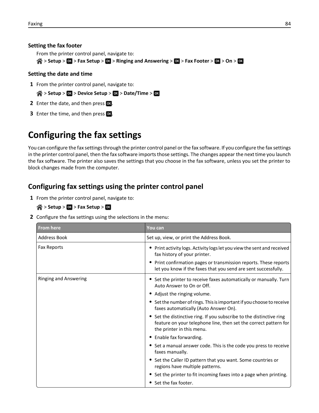 Lexmark 701 Configuring the fax settings, Configuring fax settings using the printer control panel, Setting the fax footer 