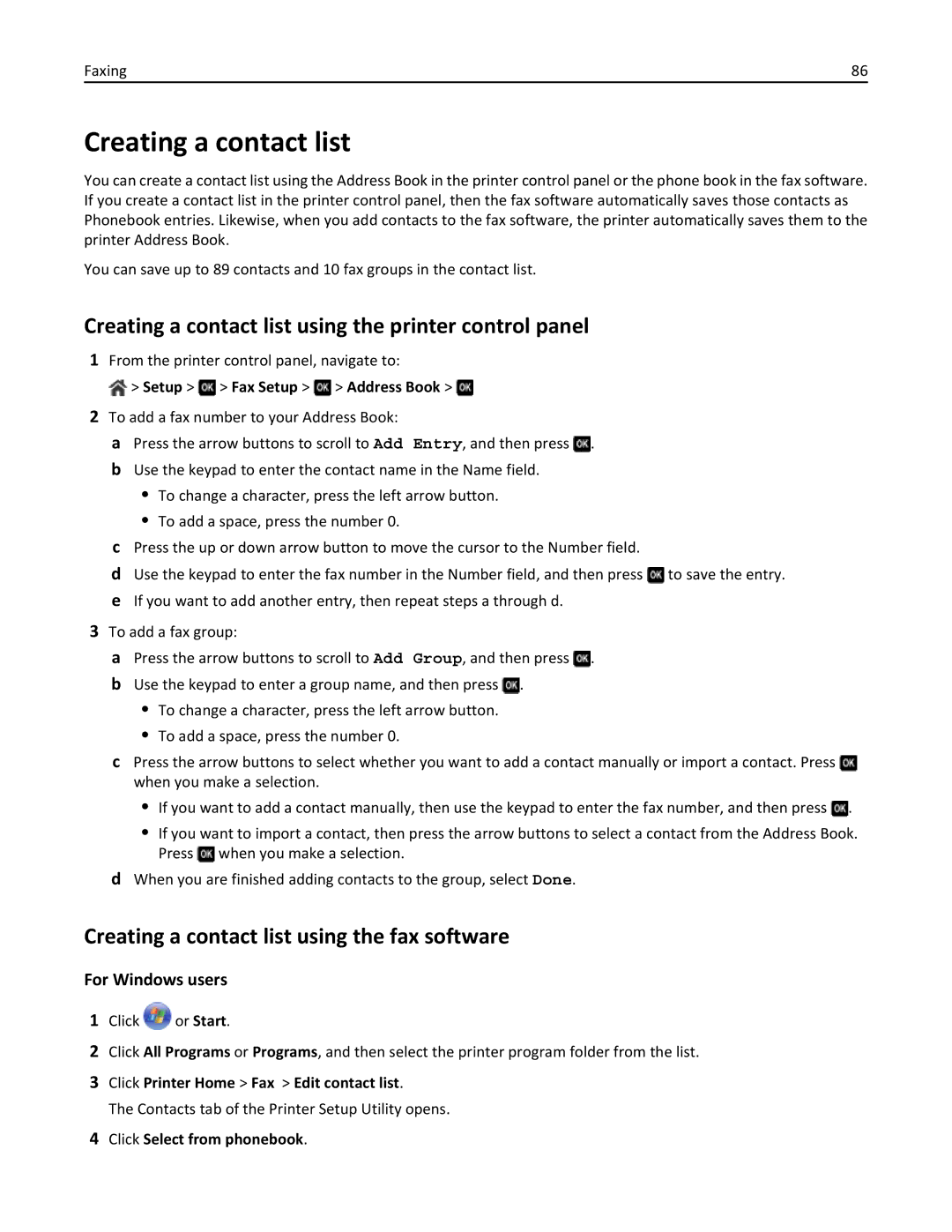 Lexmark 701 Creating a contact list using the printer control panel, Creating a contact list using the fax software 