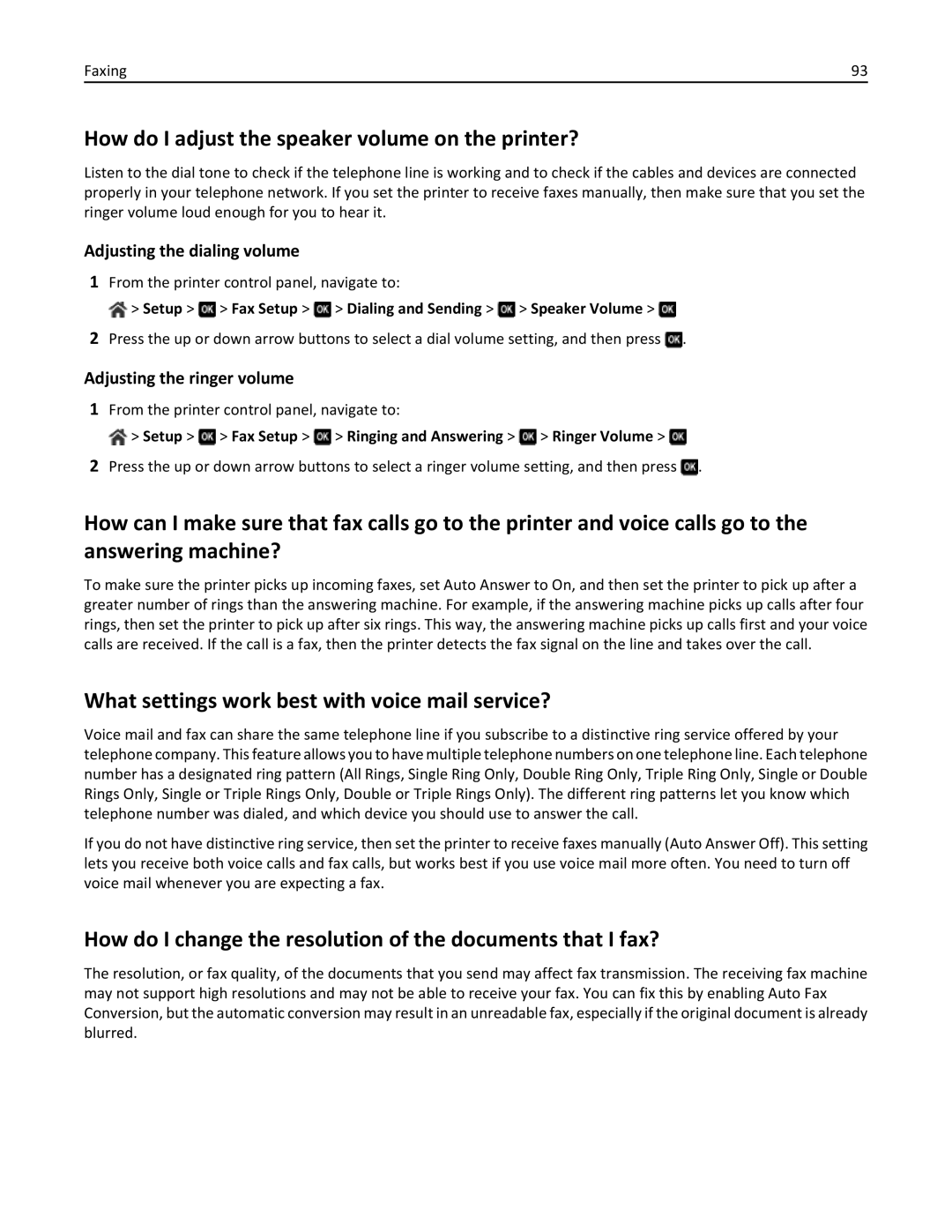 Lexmark 70E, 701 manual How do I adjust the speaker volume on the printer?, What settings work best with voice mail service? 