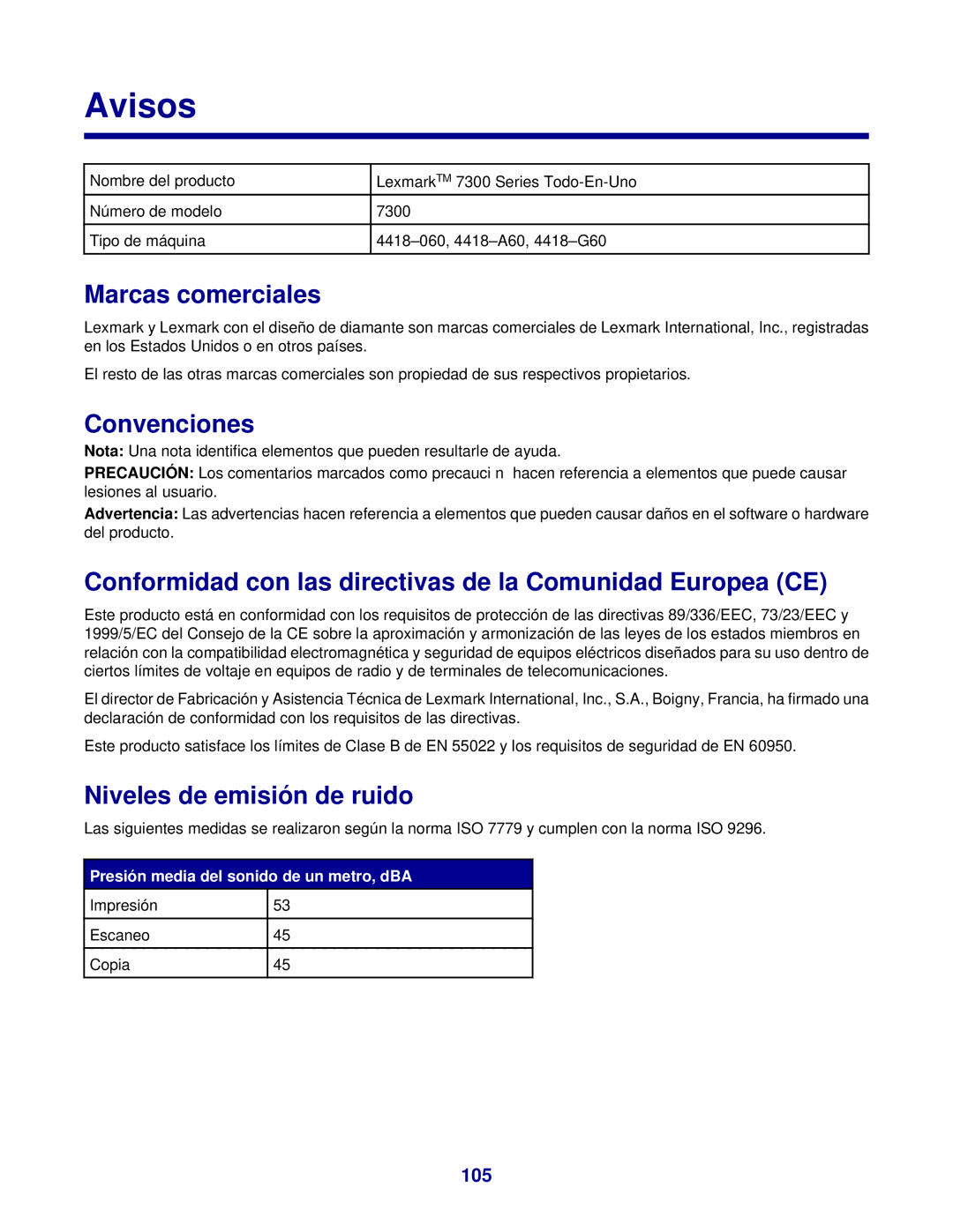 Lexmark 7300 manual Avisos, Marcas comerciales, Convenciones, Conformidad con las directivas de la Comunidad Europea CE 