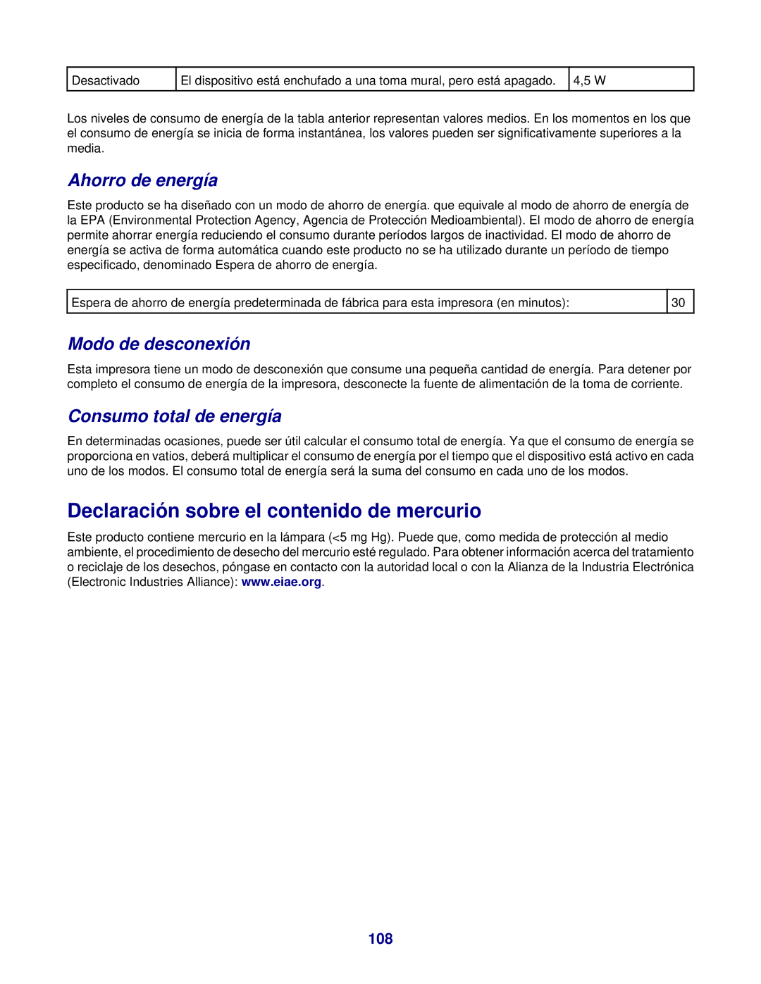 Lexmark 7300 Declaración sobre el contenido de mercurio, Ahorro de energía, Modo de desconexión, Consumo total de energía 