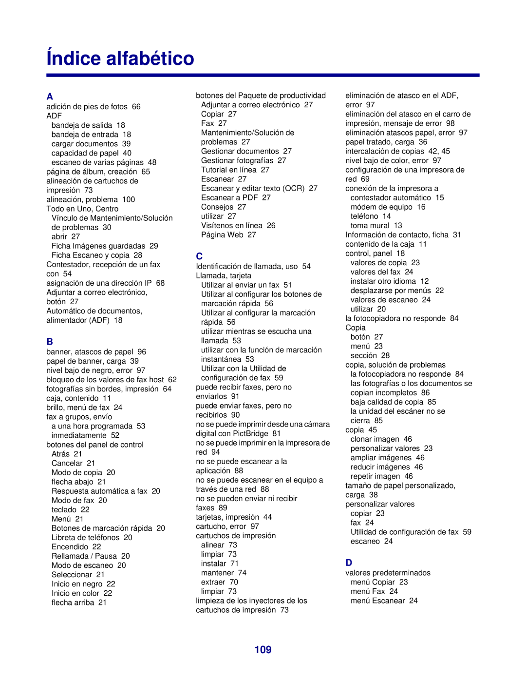 Lexmark 7300 manual Índice alfabético, 109 