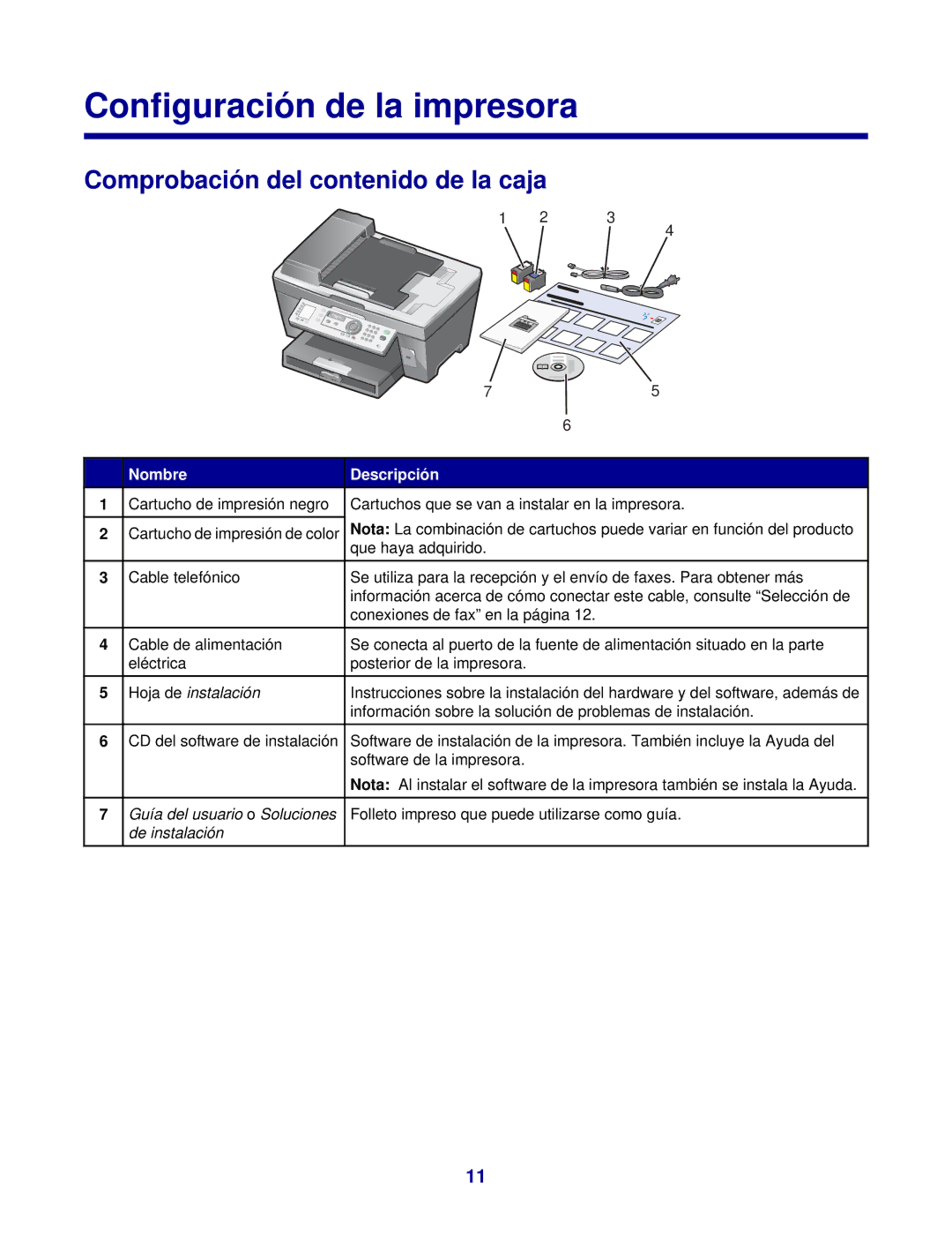 Lexmark 7300 manual Configuración de la impresora, Comprobación del contenido de la caja, Nombre Descripción 