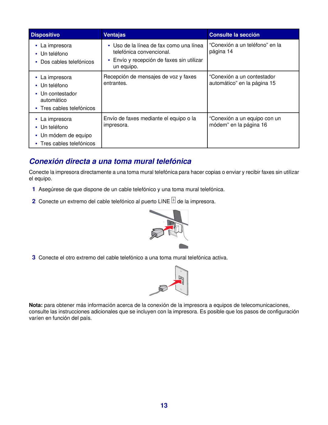 Lexmark 7300 manual Conexión directa a una toma mural telefónica 