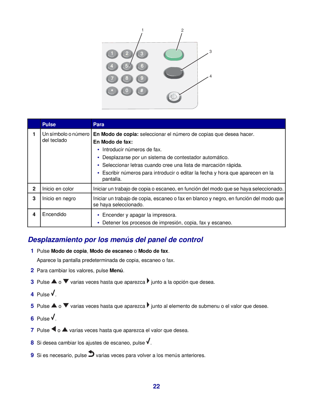 Lexmark 7300 manual Desplazamiento por los menús del panel de control, En Modo de fax 