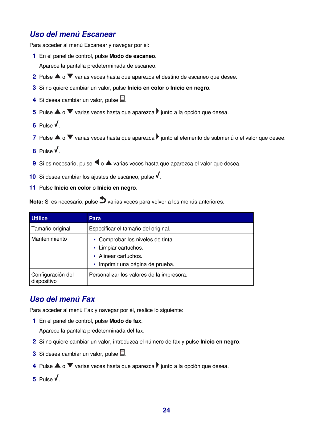 Lexmark 7300 manual Uso del menú Escanear, Uso del menú Fax 