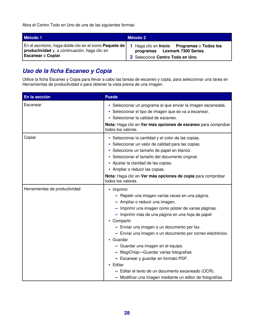 Lexmark 7300 manual Uso de la ficha Escaneo y Copia, En la sección Puede 