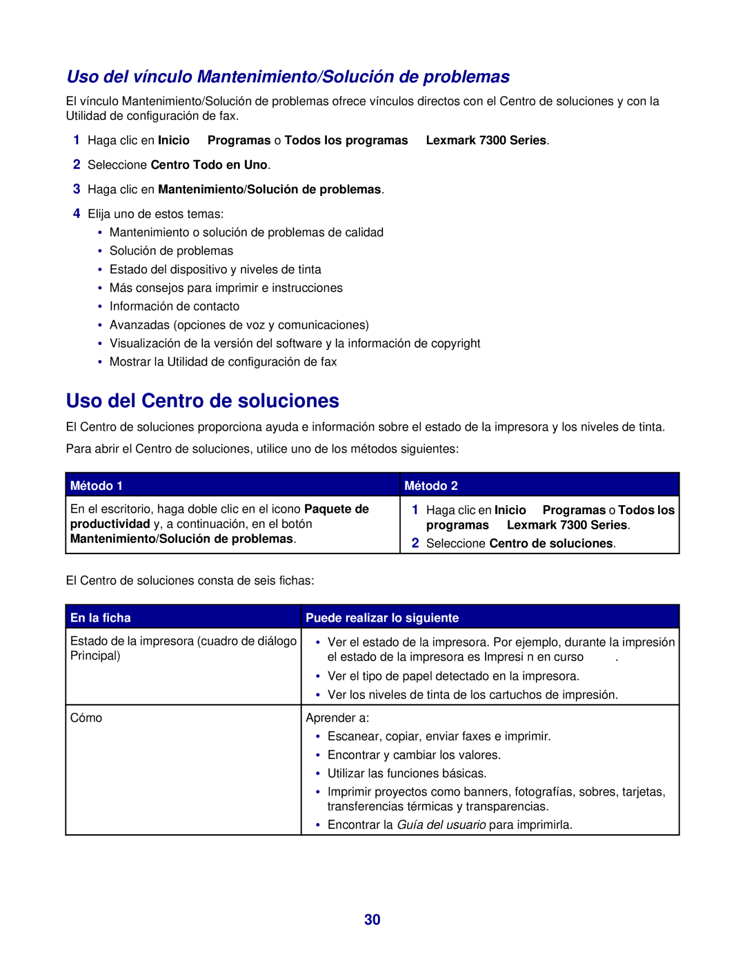 Lexmark 7300 manual Uso del Centro de soluciones, Uso del vínculo Mantenimiento/Solución de problemas 