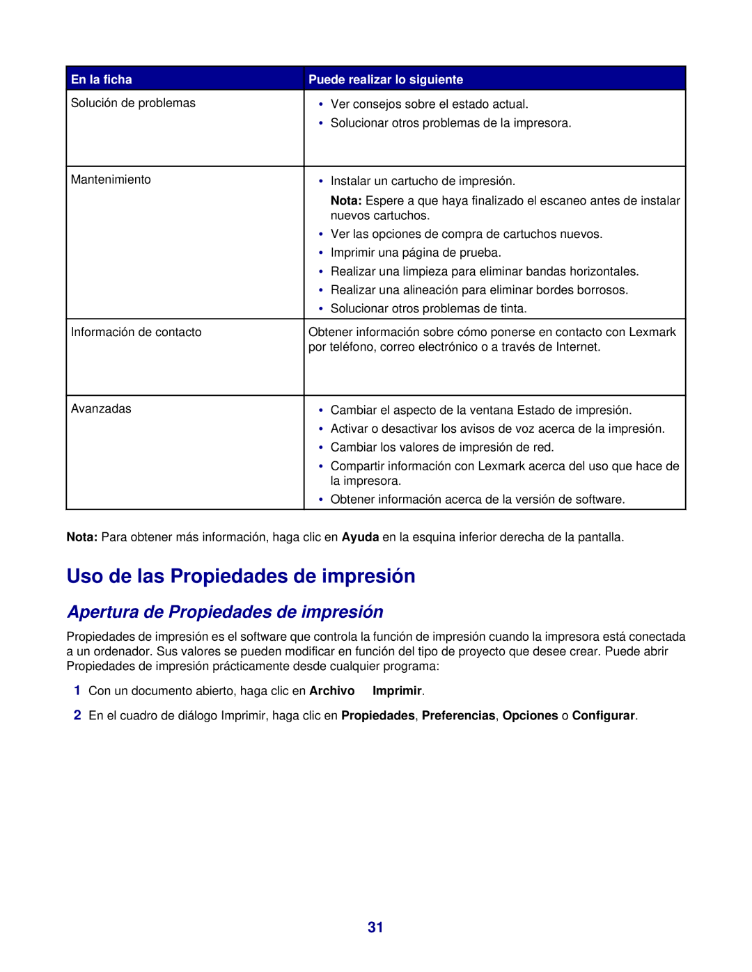 Lexmark 7300 manual Uso de las Propiedades de impresión, Apertura de Propiedades de impresión 