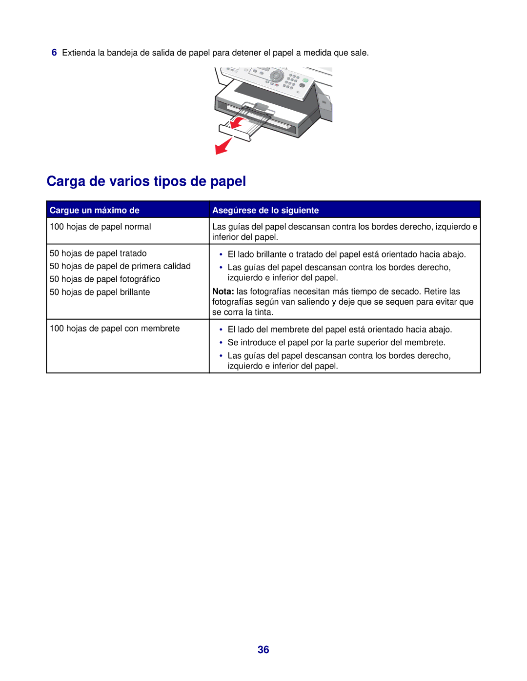 Lexmark 7300 manual Carga de varios tipos de papel, Cargue un máximo de Asegúrese de lo siguiente 