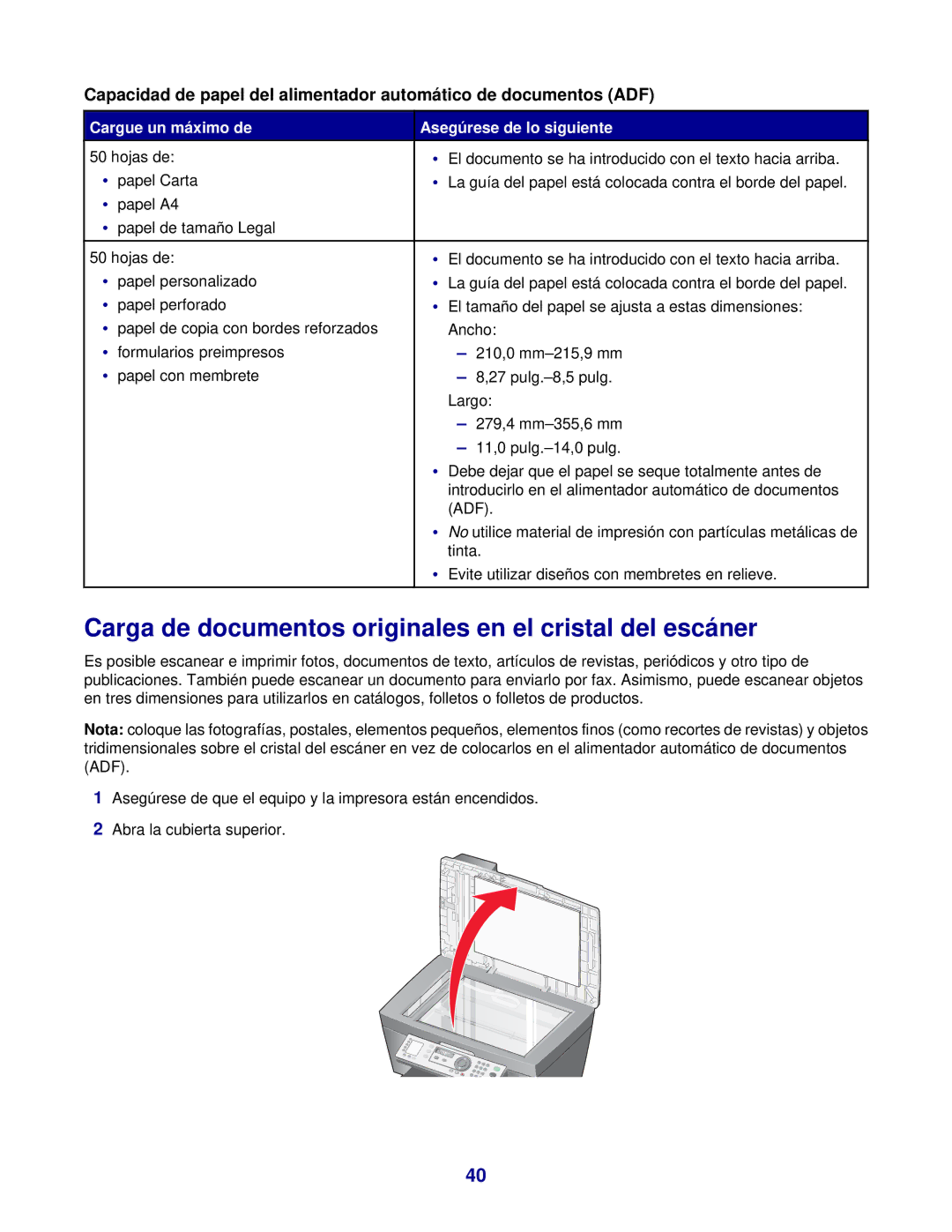 Lexmark 7300 manual Carga de documentos originales en el cristal del escáner 