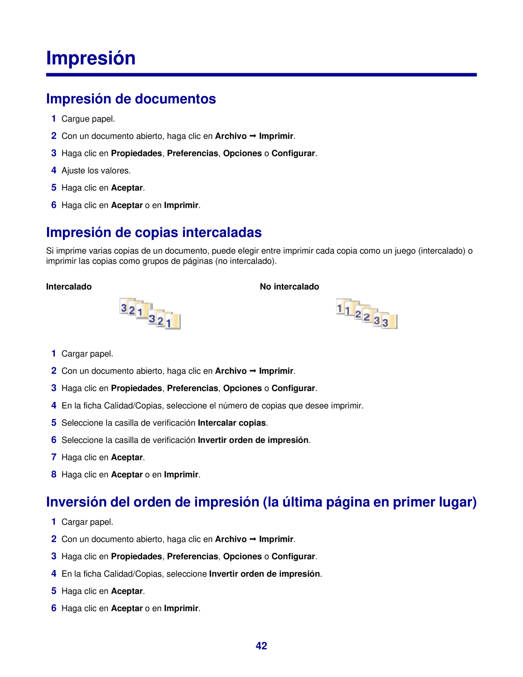 Lexmark 7300 manual Impresión de documentos, Impresión de copias intercaladas, Intercalado 