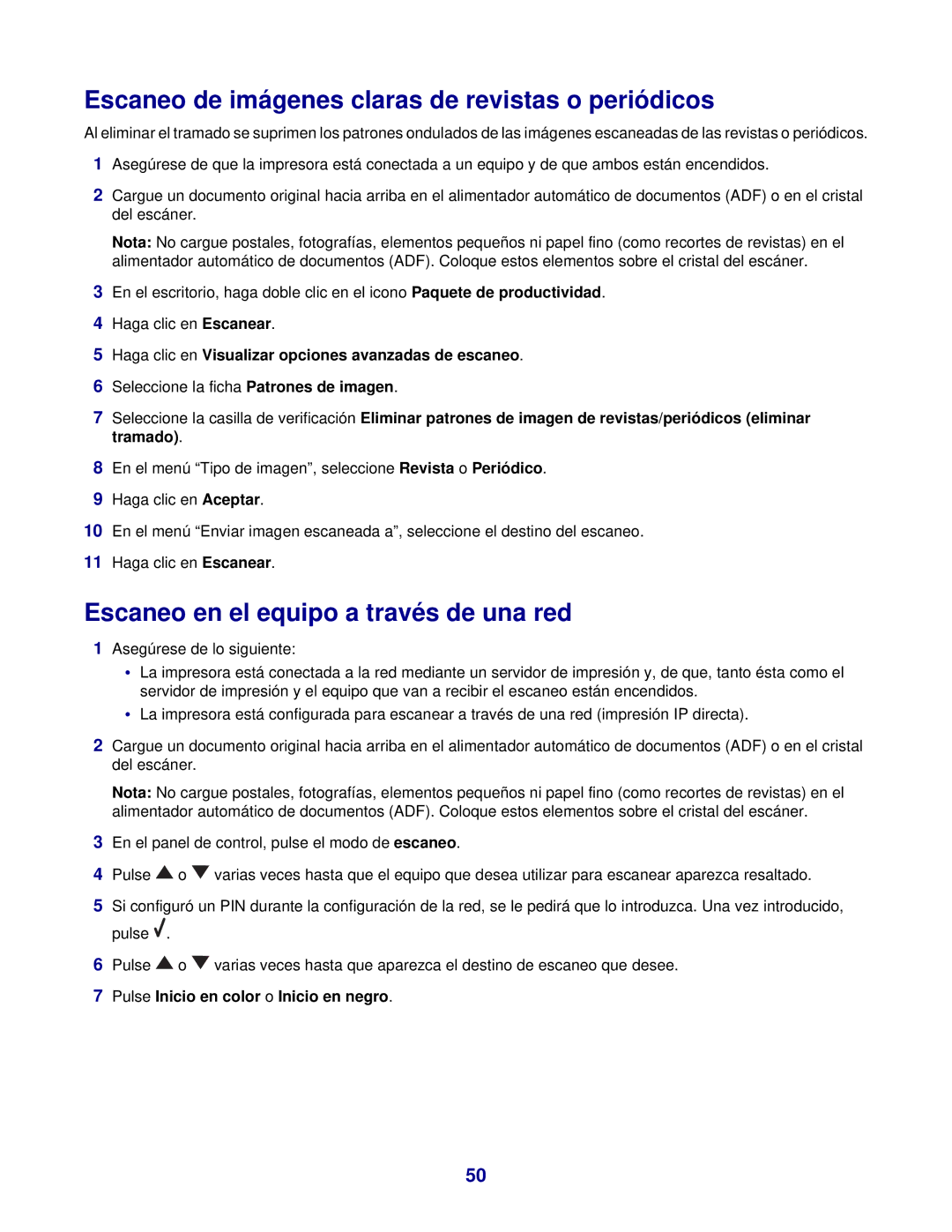 Lexmark 7300 manual Escaneo de imágenes claras de revistas o periódicos, Escaneo en el equipo a través de una red 