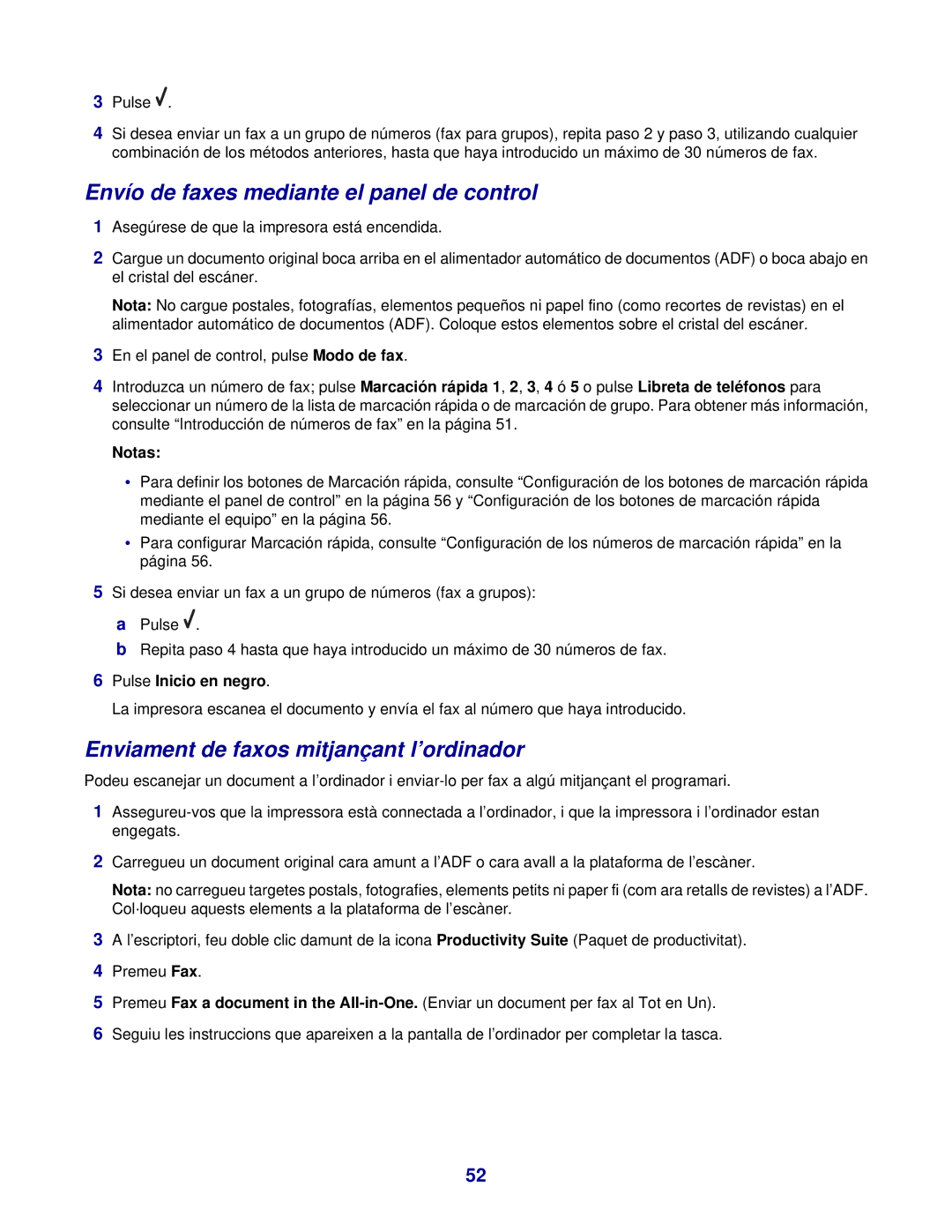 Lexmark 7300 manual Envío de faxes mediante el panel de control, Enviament de faxos mitjançant l’ordinador 