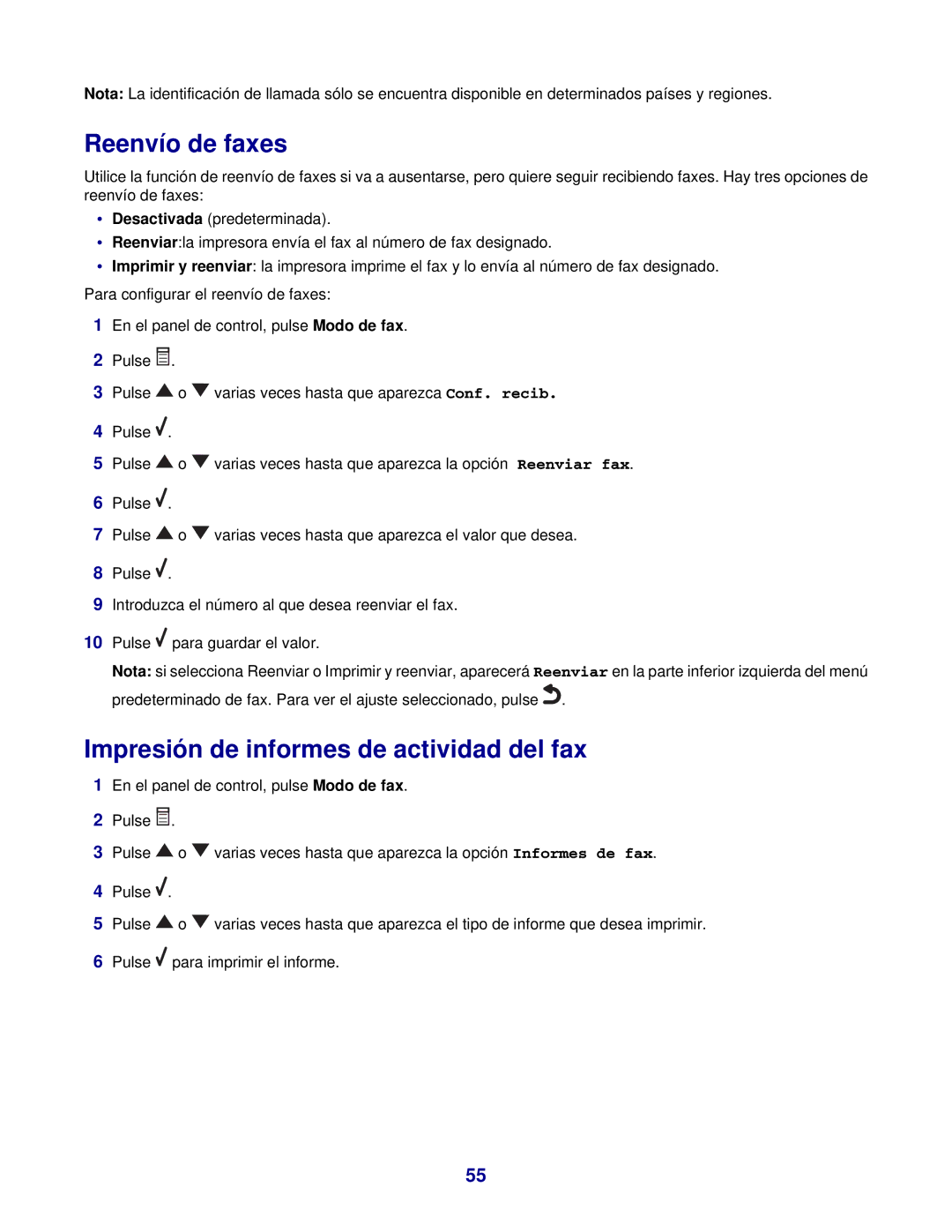 Lexmark 7300 manual Reenvío de faxes, Impresión de informes de actividad del fax 