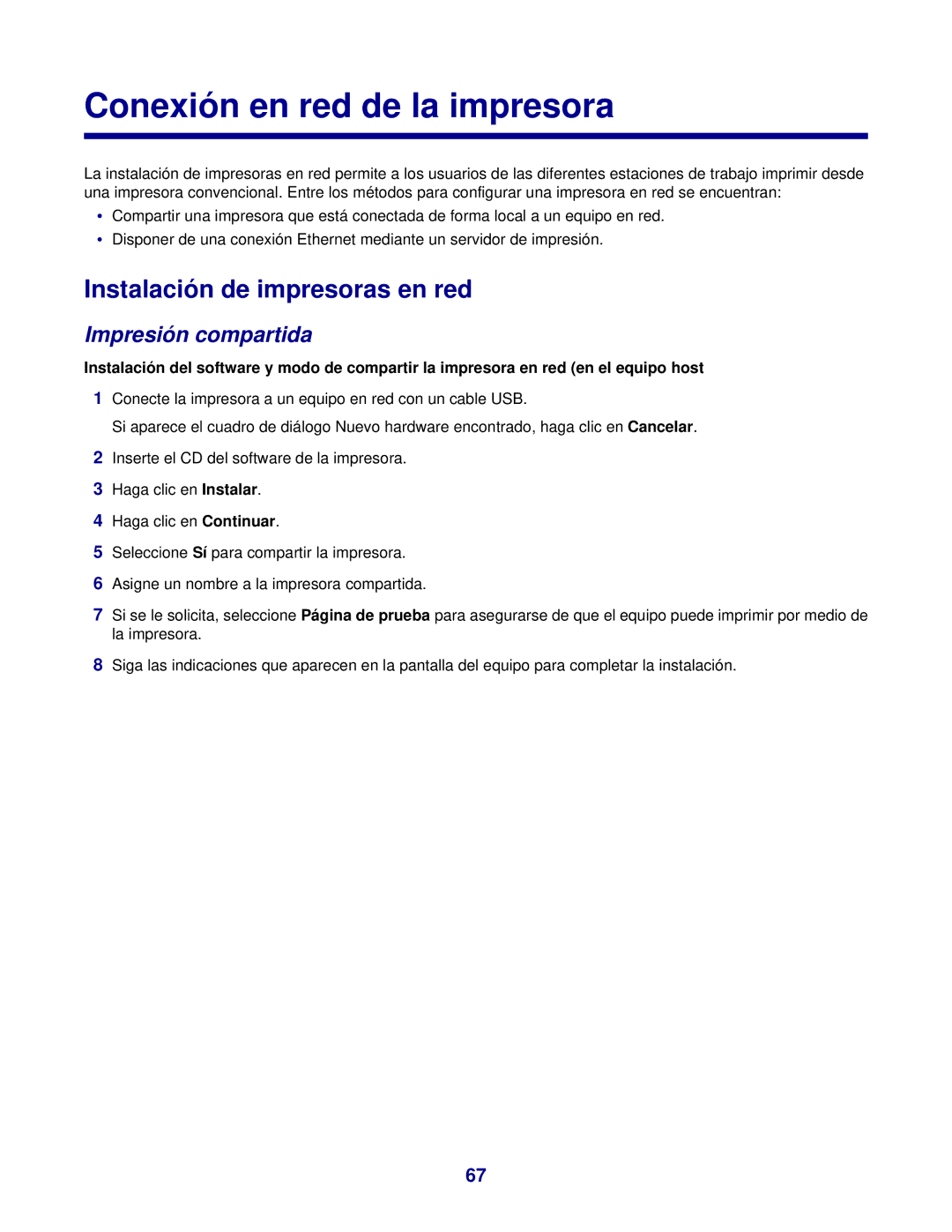 Lexmark 7300 manual Conexión en red de la impresora, Instalación de impresoras en red, Impresión compartida 