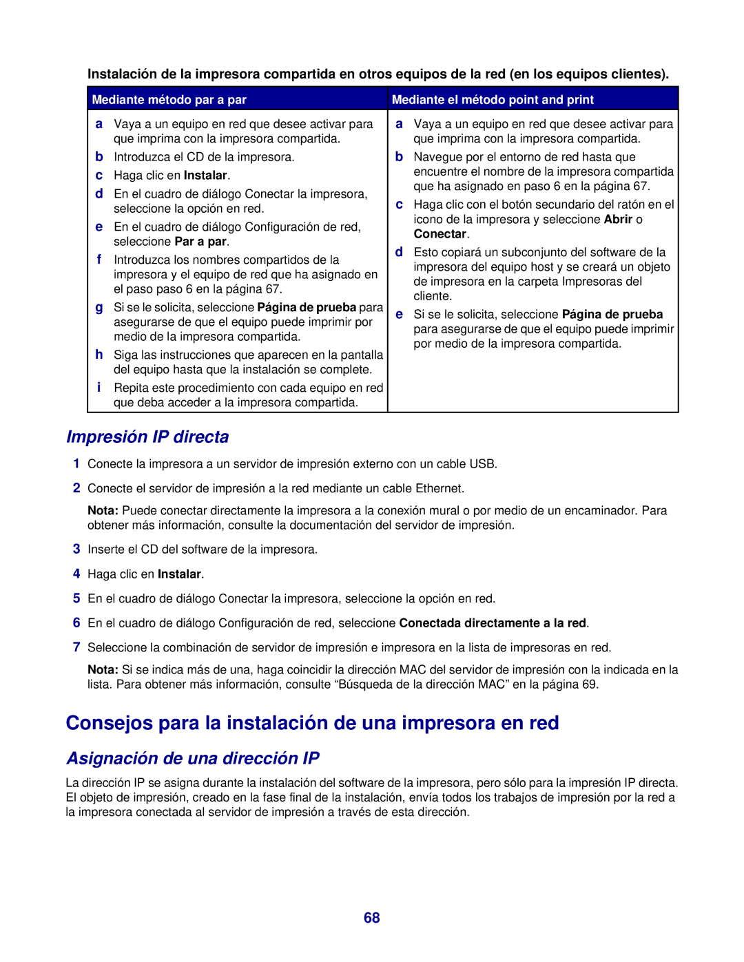 Lexmark 7300 Consejos para la instalación de una impresora en red, Impresión IP directa, Asignación de una dirección IP 