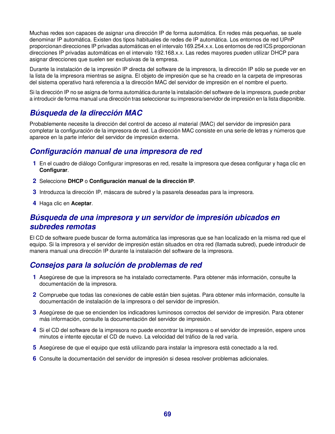 Lexmark 7300 Búsqueda de la dirección MAC, Configuración manual de una impresora de red 