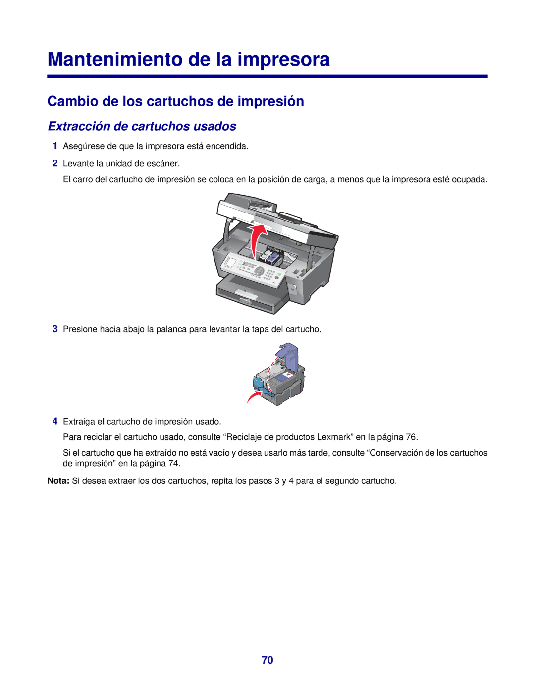 Lexmark 7300 manual Mantenimiento de la impresora, Cambio de los cartuchos de impresión, Extracción de cartuchos usados 