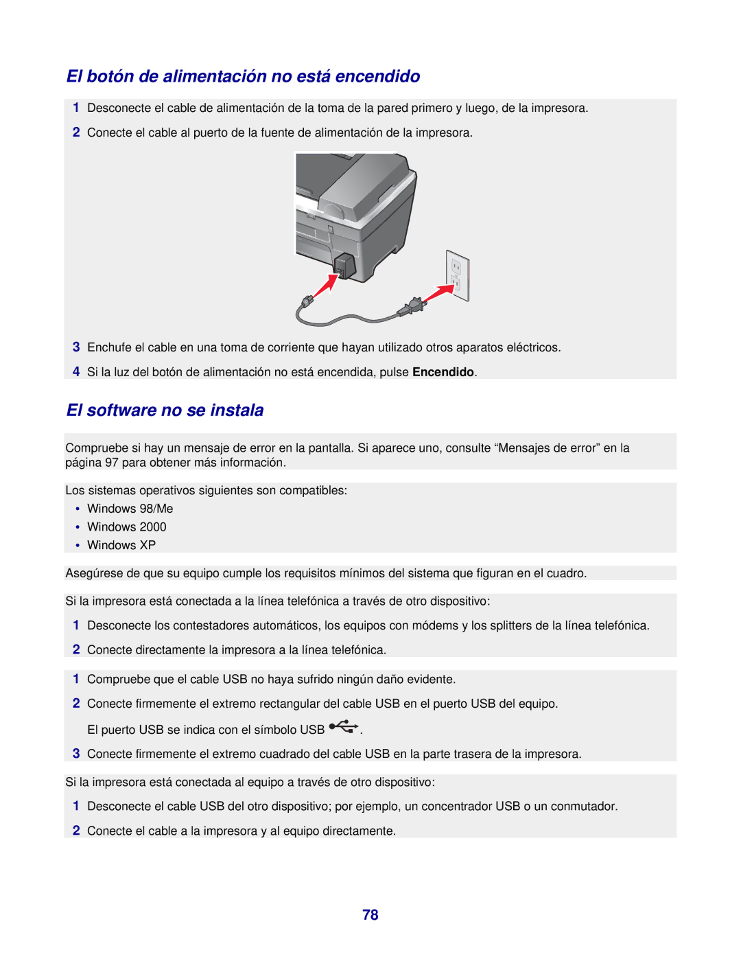 Lexmark 7300 manual El botón de alimentación no está encendido, El software no se instala 