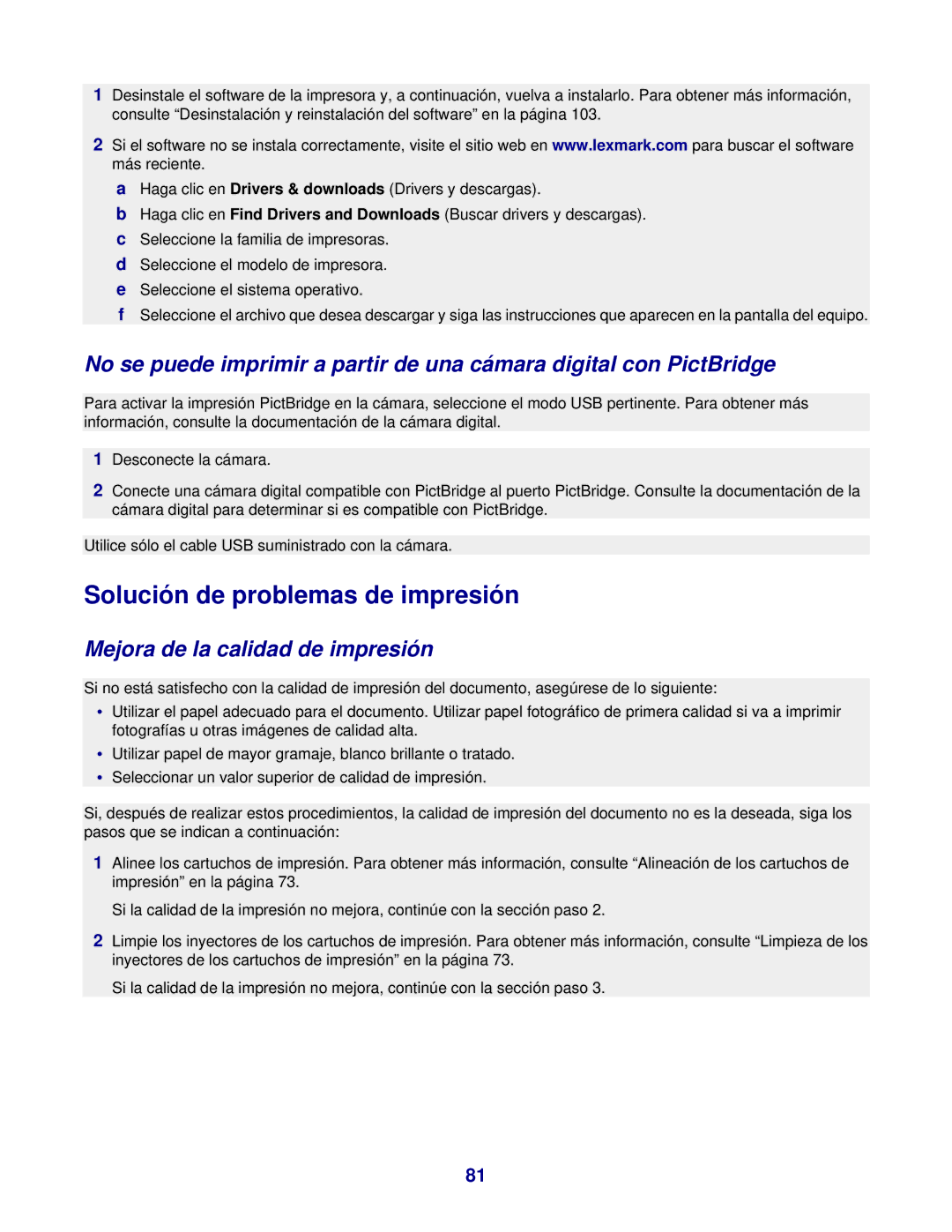 Lexmark 7300 manual Solución de problemas de impresión, Mejora de la calidad de impresión 