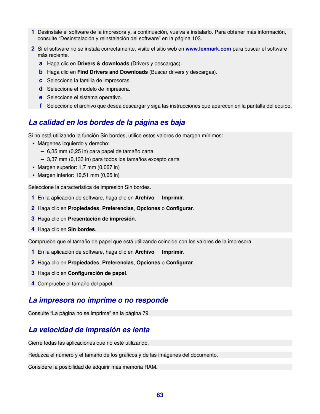 Lexmark 7300 manual La calidad en los bordes de la página es baja, La impresora no imprime o no responde 