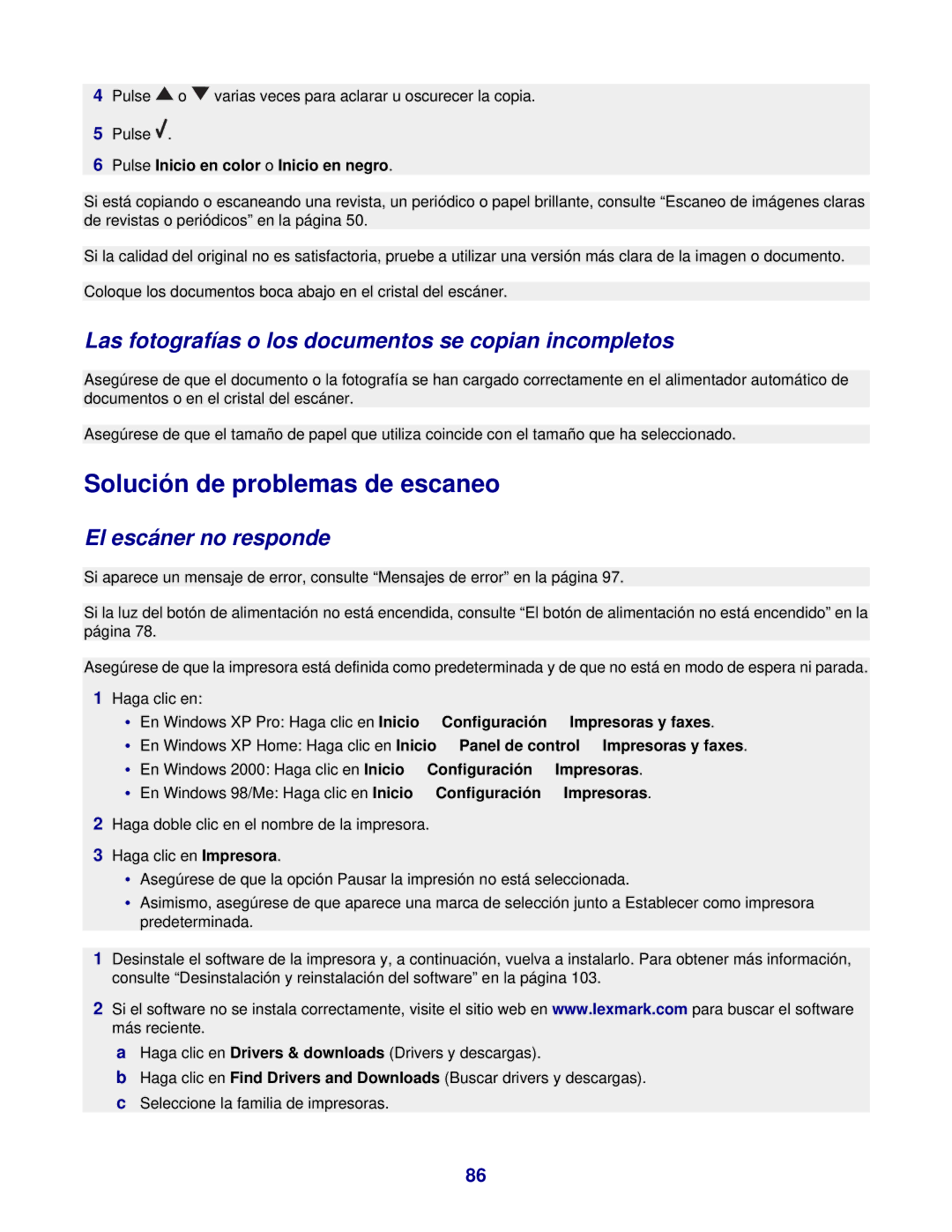 Lexmark 7300 manual Solución de problemas de escaneo, Las fotografías o los documentos se copian incompletos 