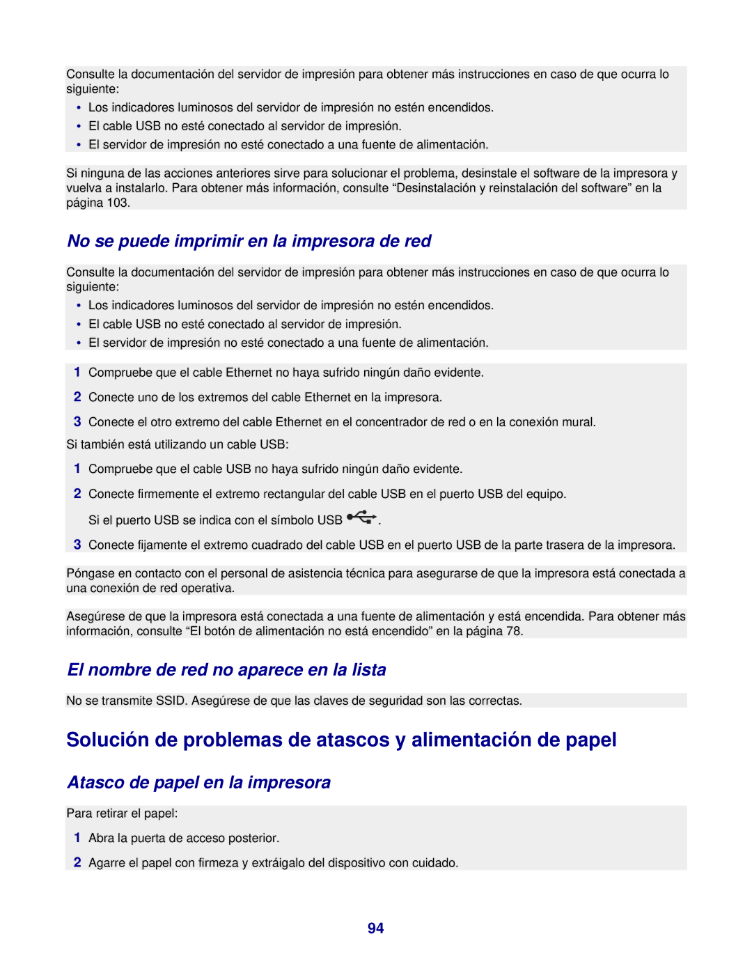 Lexmark 7300 manual Solución de problemas de atascos y alimentación de papel, No se puede imprimir en la impresora de red 