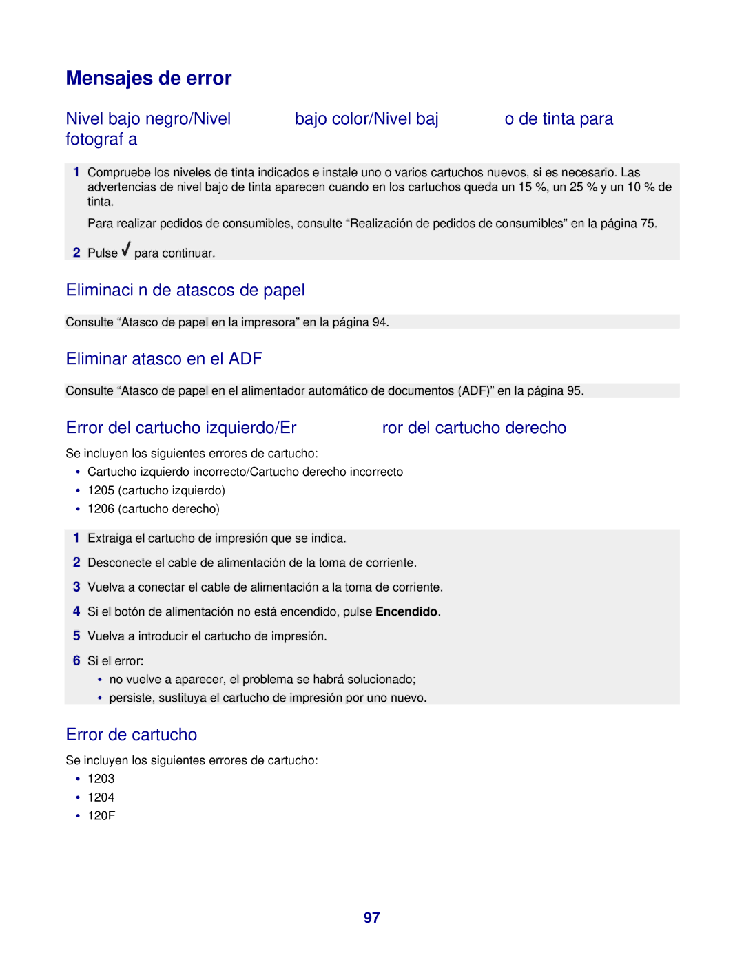 Lexmark 7300 manual Mensajes de error, Error del cartucho izquierdo/Error del cartucho derecho 