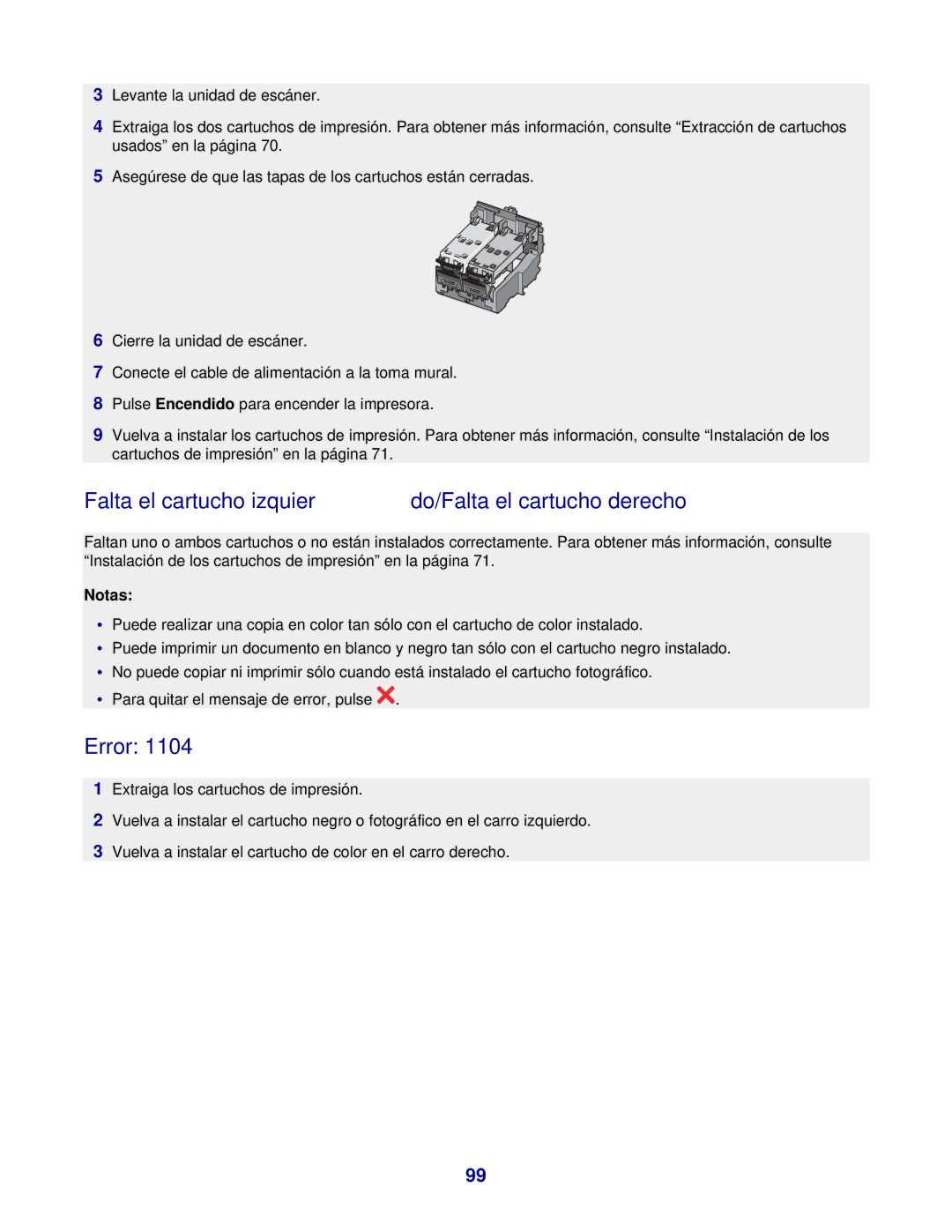 Lexmark 7300 manual Falta el cartucho izquierdo/Falta el cartucho derecho 