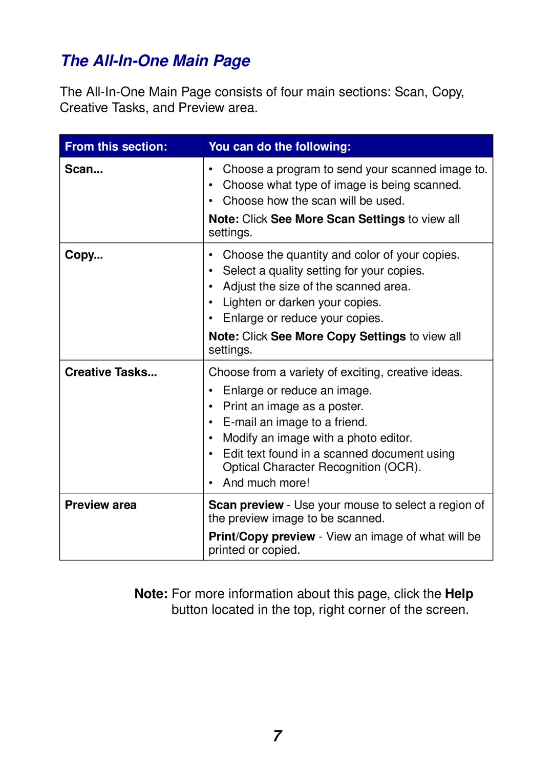 Lexmark 75, 74 manual All-In-One Main, Scan, Copy, Creative Tasks, Preview area 