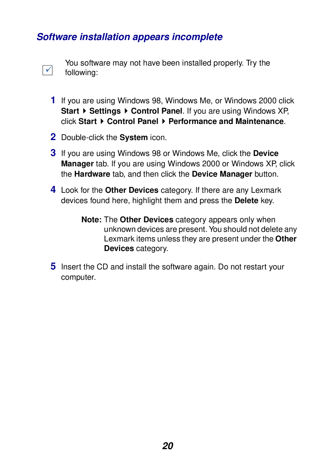 Lexmark 74, 75 manual Software installation appears incomplete 