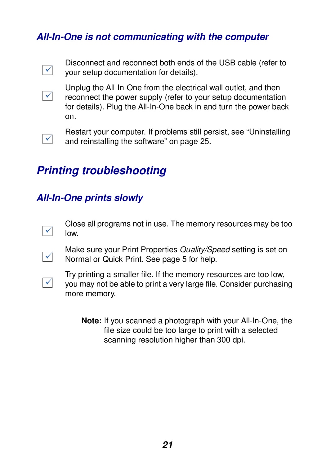 Lexmark 75, 74 manual Printing troubleshooting, All-In-One is not communicating with the computer, All-In-One prints slowly 