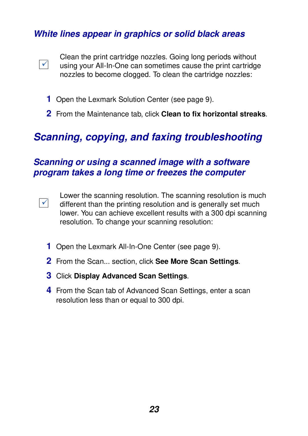 Lexmark 75, 74 manual Scanning, copying, and faxing troubleshooting, White lines appear in graphics or solid black areas 