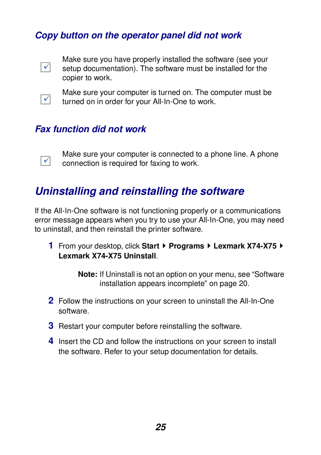 Lexmark 75, 74 manual Uninstalling and reinstalling the software, Copy button on the operator panel did not work 