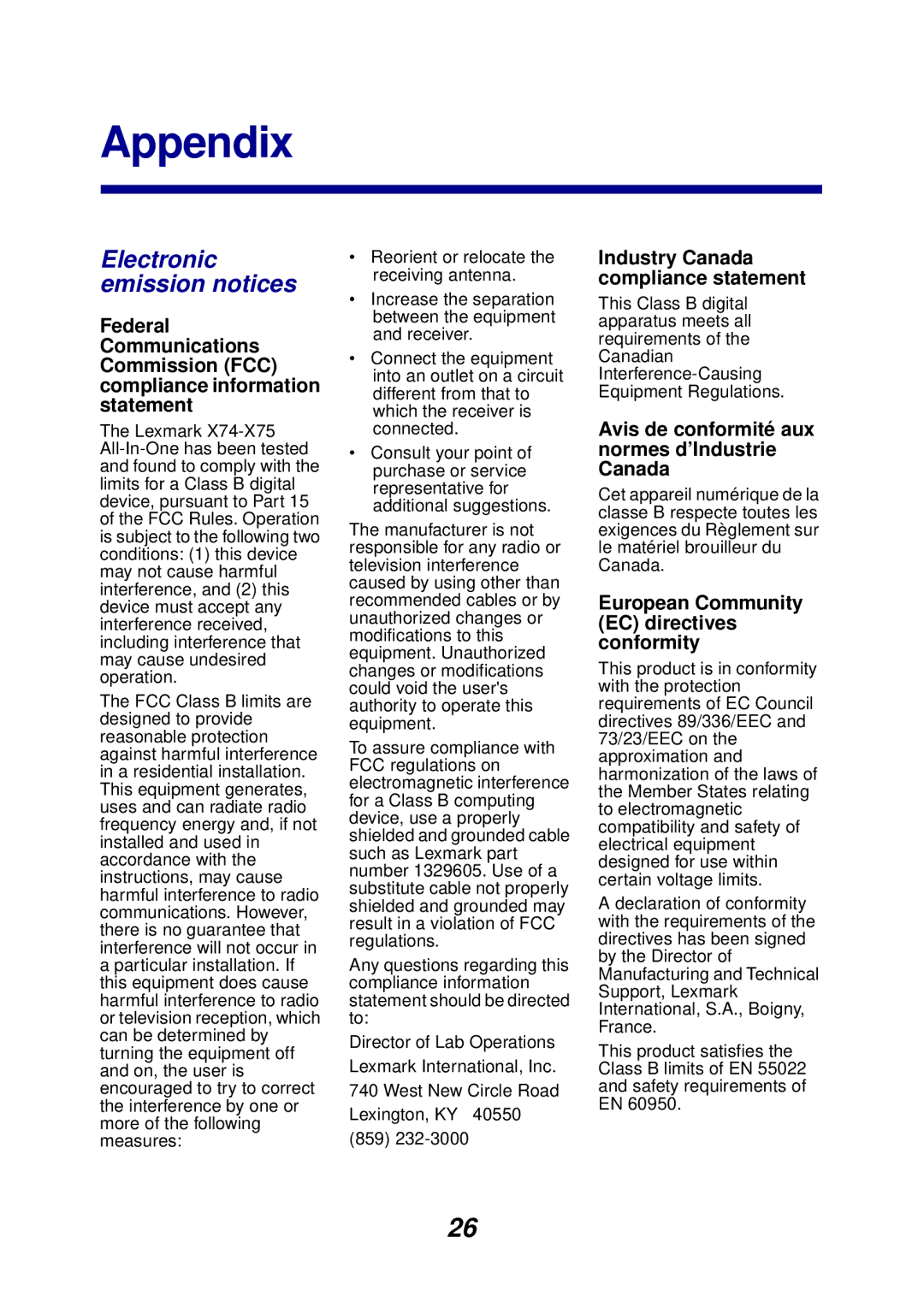 Lexmark 74, 75 manual Appendix, Industry Canada compliance statement, Avis de conformité aux normes d’Industrie Canada 