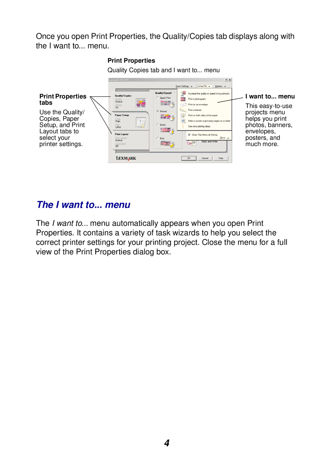 Lexmark 74, 75 manual I want to... menu, Tabs 