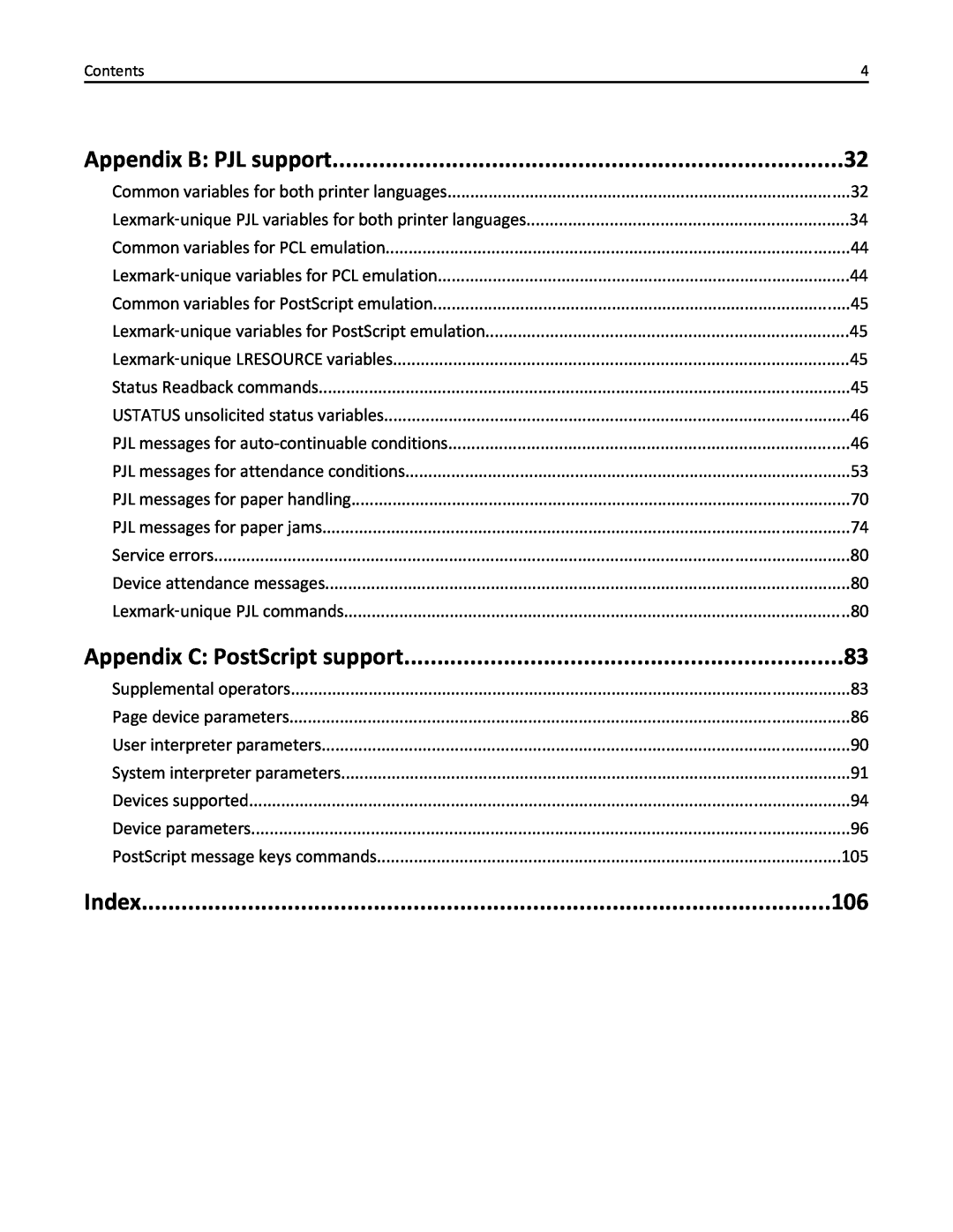 Lexmark 746n, 748dte, 748de, 746de, 746dn, 746dtn, 748e manual Appendix B: PJL support, Appendix C: PostScript support, Index 