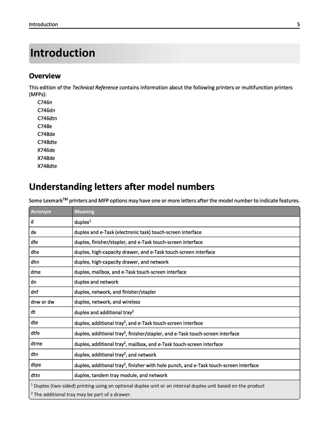Lexmark 746dtn, 748dte, 748de, 746de, 746dn, 746n, 748e manual Introduction, Understanding letters after model numbers, Overview 