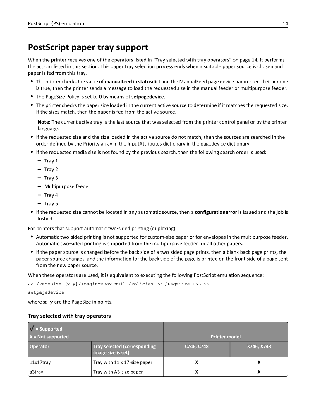 Lexmark 748dte, 748de, 746de, 746dn, 746n, 746dtn, 748e manual PostScript paper tray support, Tray selected with tray operators 