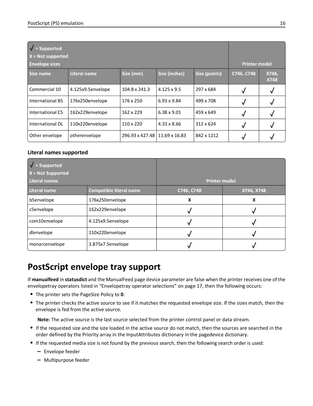 Lexmark 746de, 748dte, 748de, 746dn, 746n, 746dtn, 748e manual PostScript envelope tray support, PostScript PS emulation 