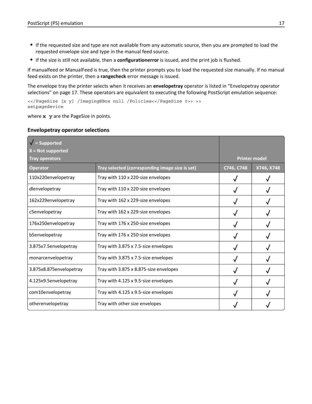 Lexmark 746dn, 748dte, 748de, 746de, 746n, 746dtn, 748e manual Envelopetray operator selections 