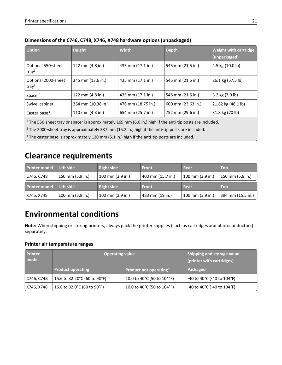 Lexmark 748dte, 748de, 746de, 746dn, 746n, 746dtn, 748e manual Clearance requirements, Environmental conditions 