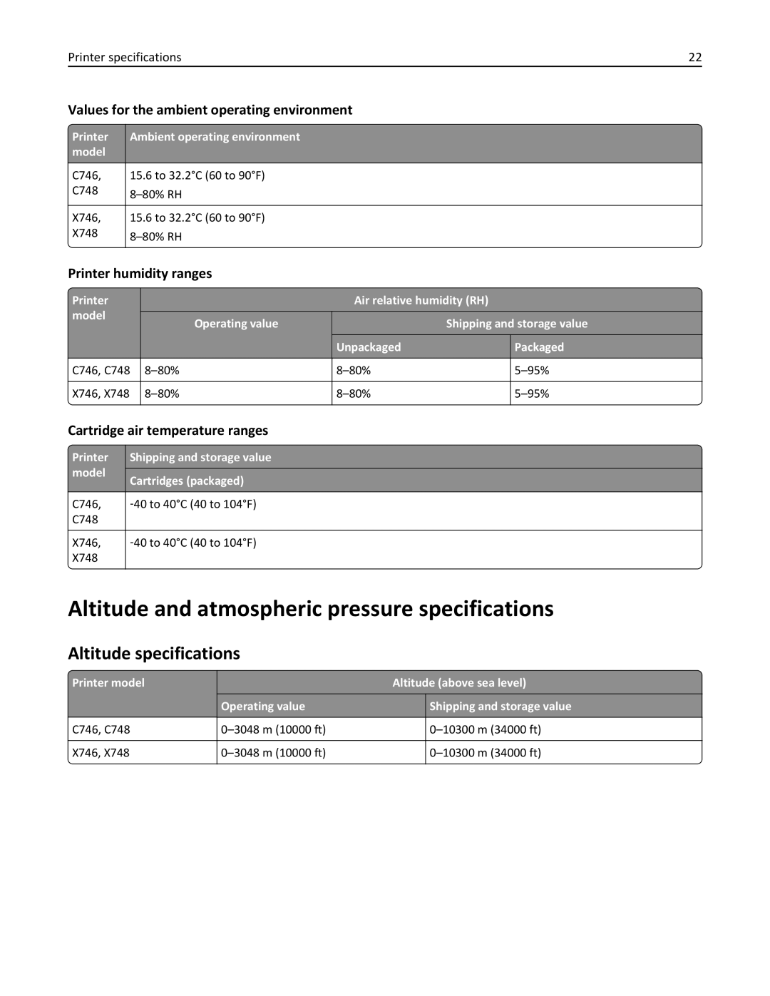 Lexmark 748de, 748dte, 746de Altitude and atmospheric pressure specifications, Values for the ambient operating environment 