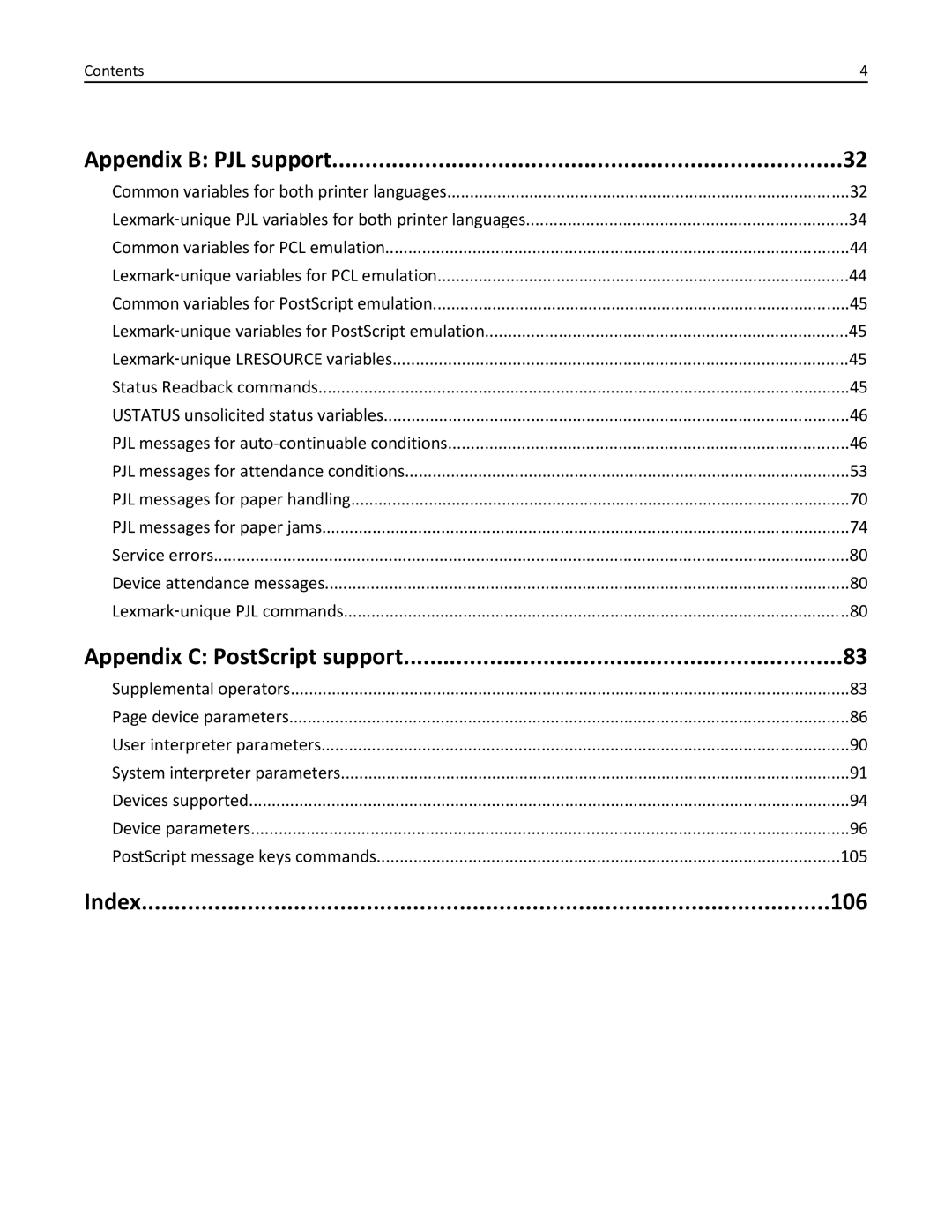 Lexmark 746n, 748dte, 748de, 746de, 746dn, 746dtn, 748e manual Index 106 